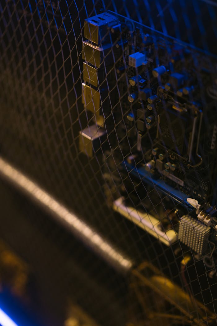 Intriguing close-up of a circuit board partially obscured by wire mesh with artistic lighting.
